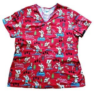 Rudolph Reindeer Scrub Top V-Neck Clarice Deer Christmas Nurse Dr MA Dentist Red